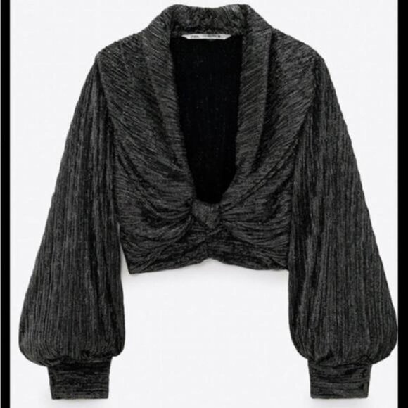 NWT Zara black/ silver metallic long sleeve balloon sleeve top with twist fro - Picture 2 of 6